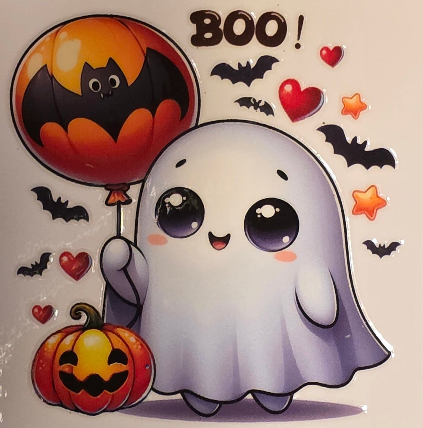 Cartoon ghost holding a bat balloon with Halloween elements on a white background