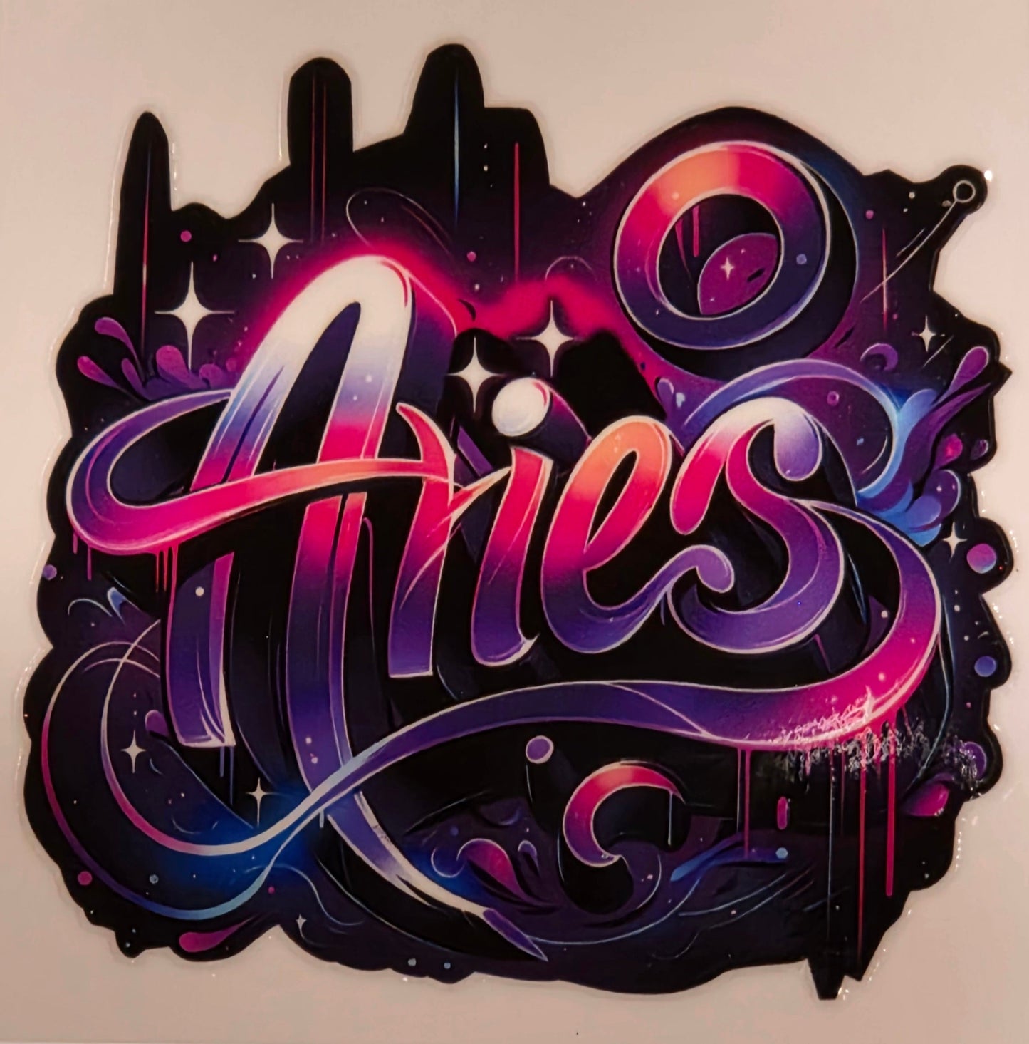 Colorful 'Aries' zodiac sign design on a white background