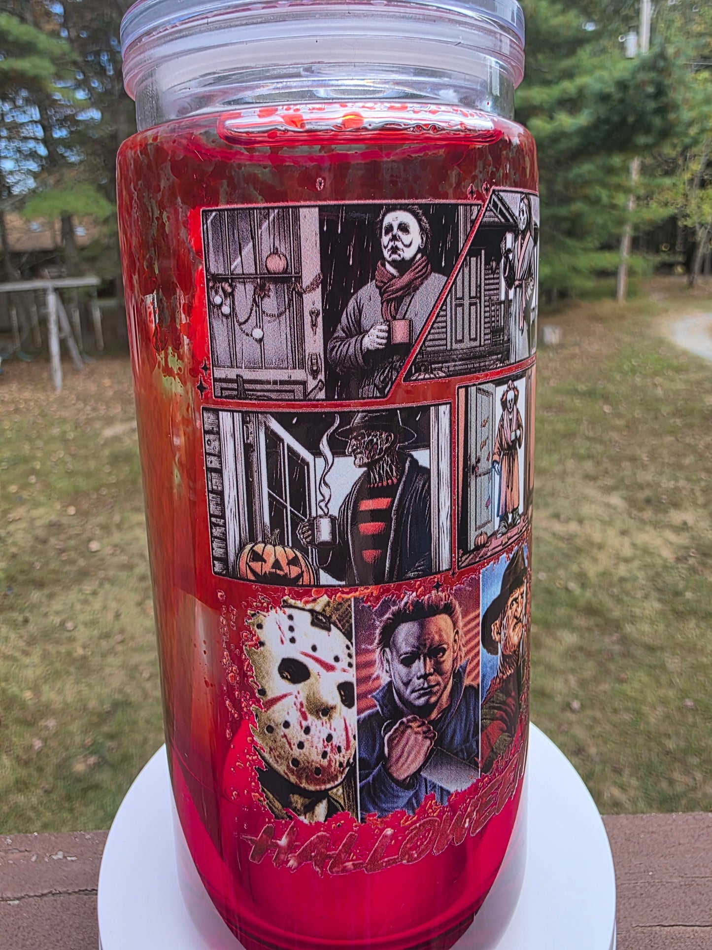 20oz Halloween Horror Blood Drip Snow Globe Tumbler With All Your favorite Character's