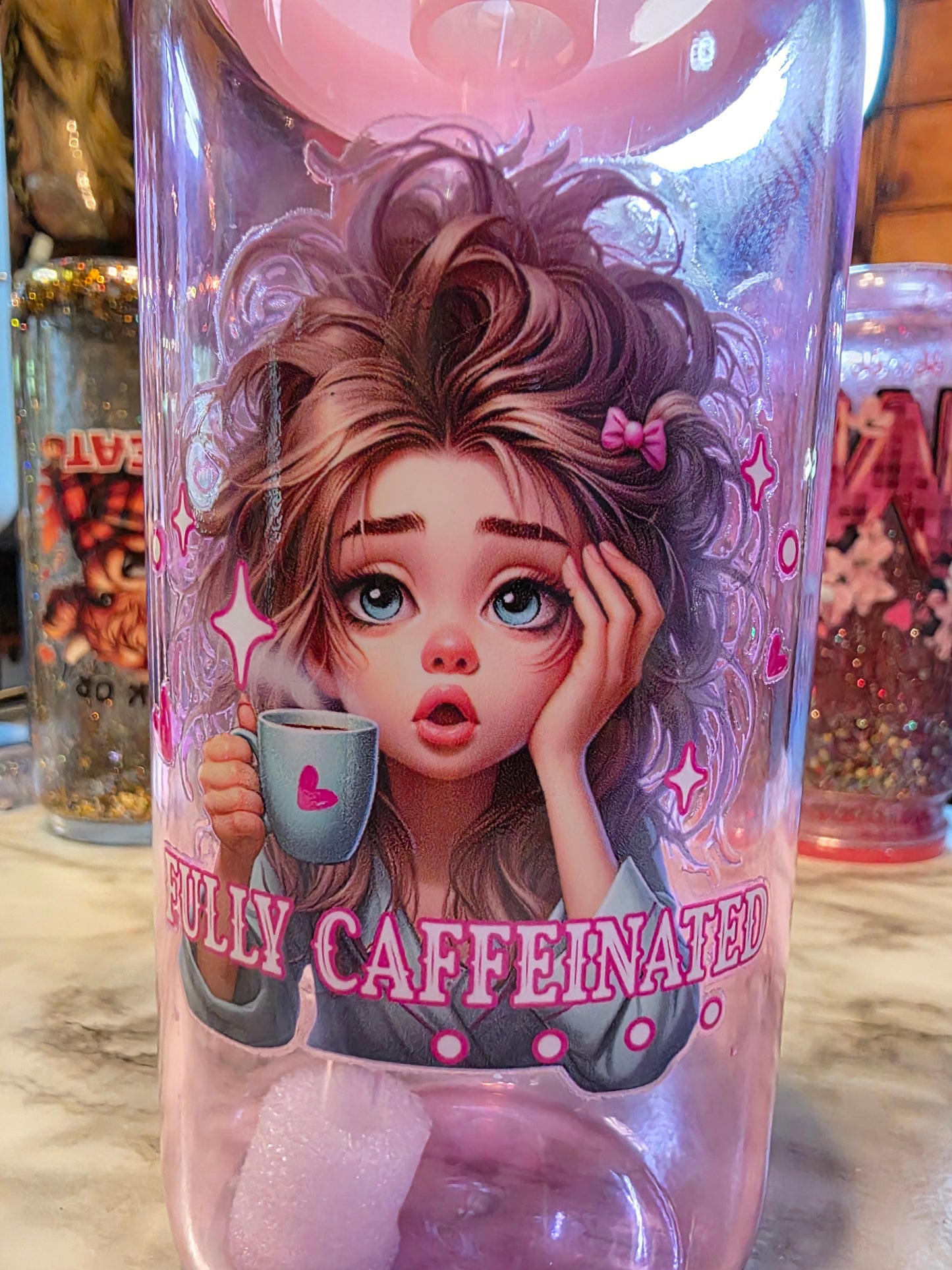 Pre Made Glass Tumbler With Color Glass Straw And Decorated Lid