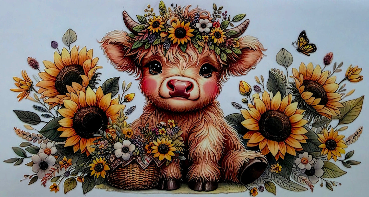 Illustration of a cow with floral decorations and sunflowers on a white background
