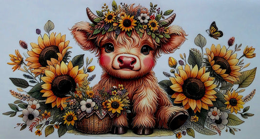 Illustration of a cow with floral decorations and sunflowers on a white background