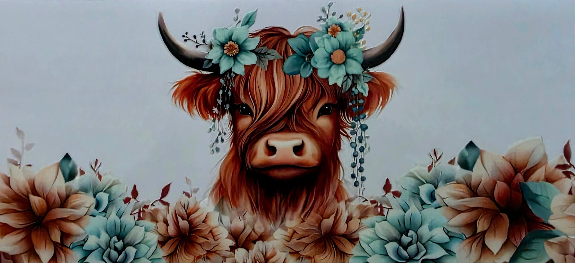 Decorative mat with a highland cow surrounded by flowers on a textured surface