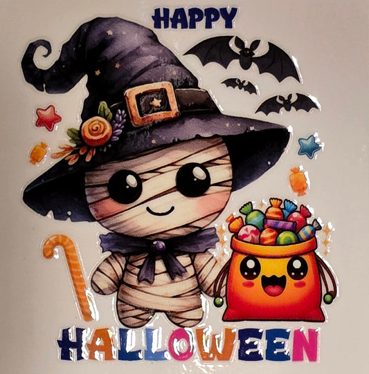 Halloween-themed illustration with a mummy, candy bag, and witch hat on a neutral background.