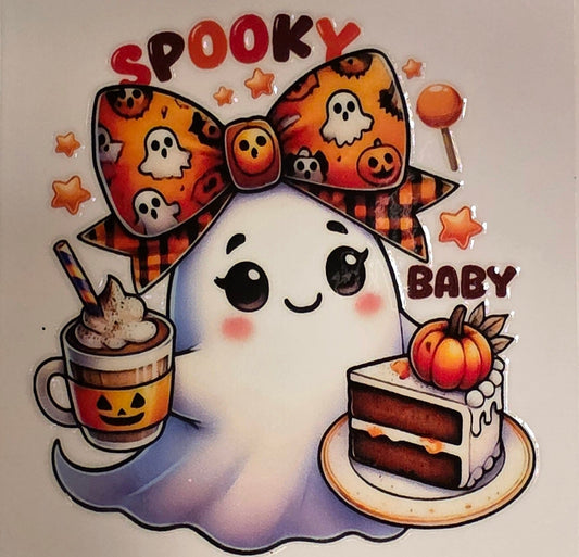 Cartoon ghost with Halloween elements on a white background