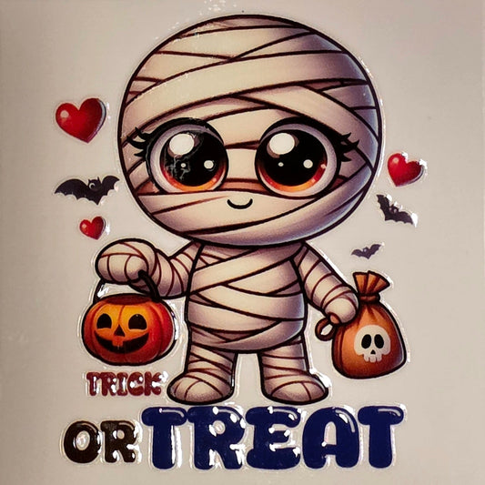 Cartoon mummy holding a pumpkin and a bag with 'Trick or Treat' text on a beige background.