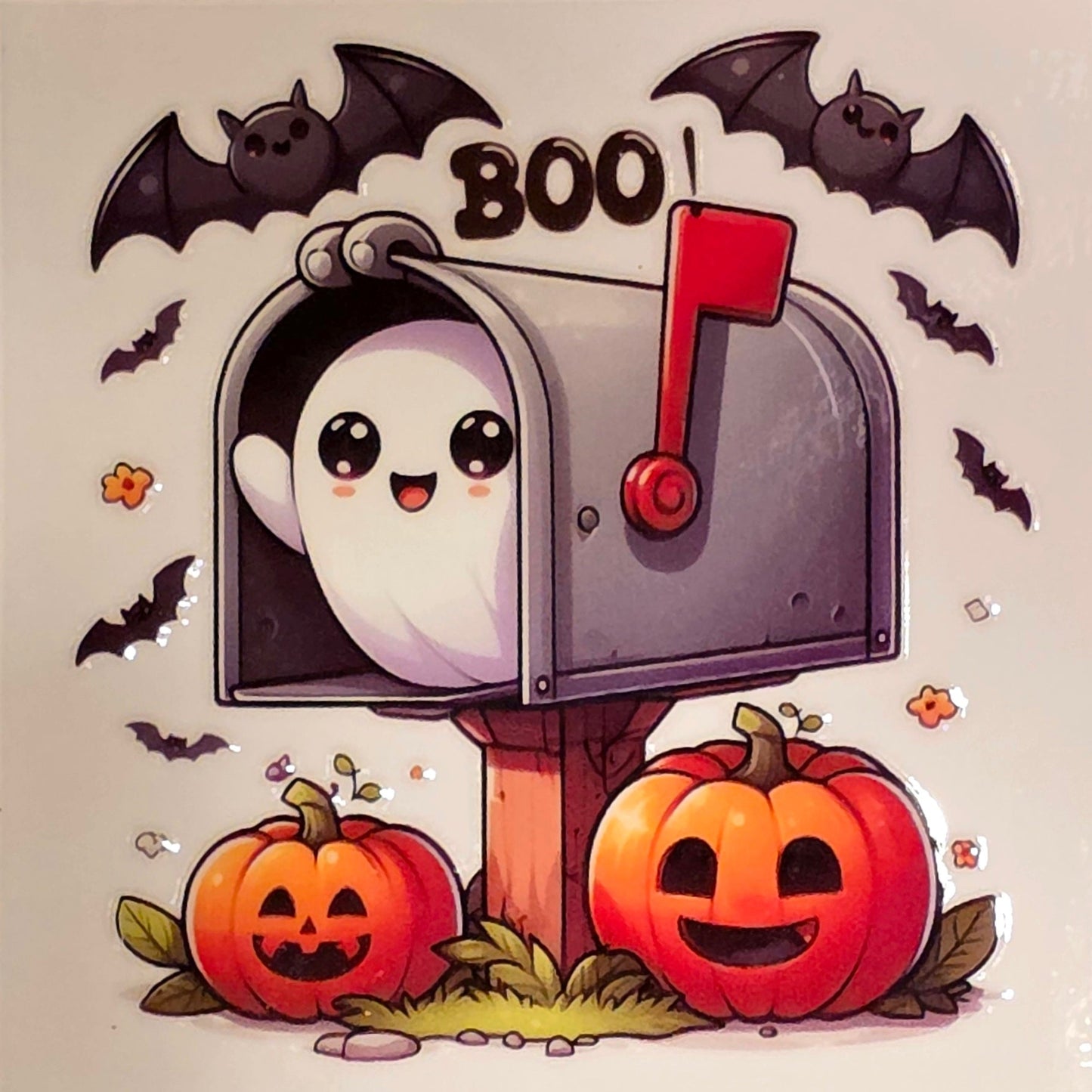 Halloween-themed illustration with a ghost in a mailbox, pumpkins, and bats on a marble background.