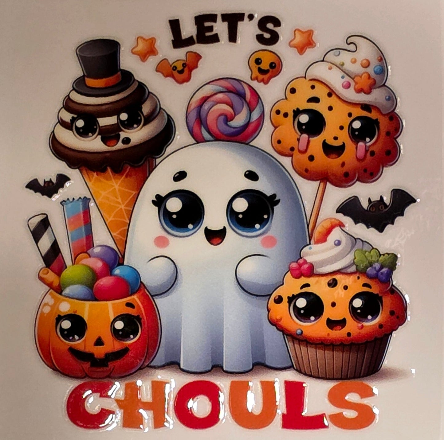 Halloween-themed illustration with a ghost, candy, and cupcake on a white background.