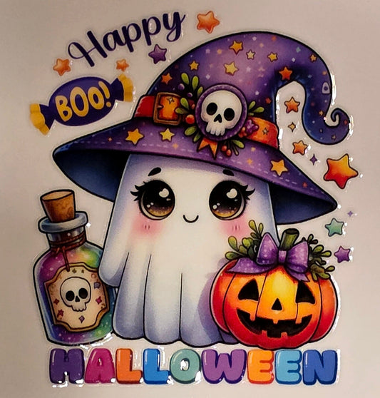 Halloween-themed card with a ghost, pumpkin, and potion bottle on a marble background