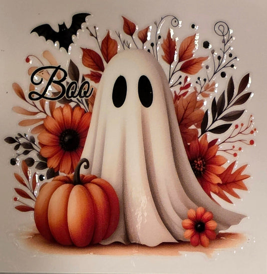 Halloween-themed card with ghost, pumpkin, and autumn leaves on a marble background