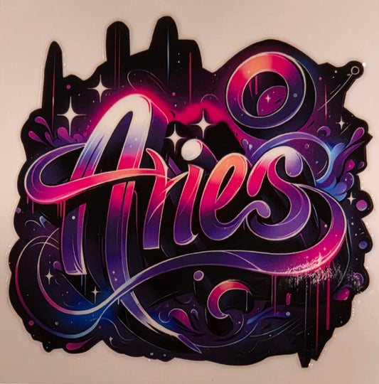 Colorful 'Aries' zodiac sign design on a white background