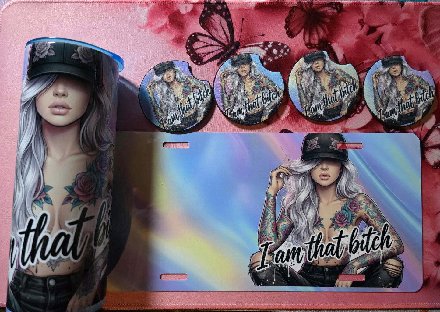 Sublimation Set license Plate,4 Cup Holder Inserts. one 20oz steel Tumbler just and example ima