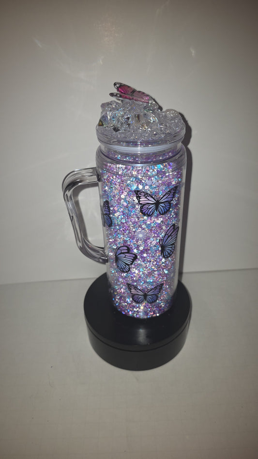 20 oz, acrylic with handle butterfly diamond filled and matching epoxy. Ice cube lid.