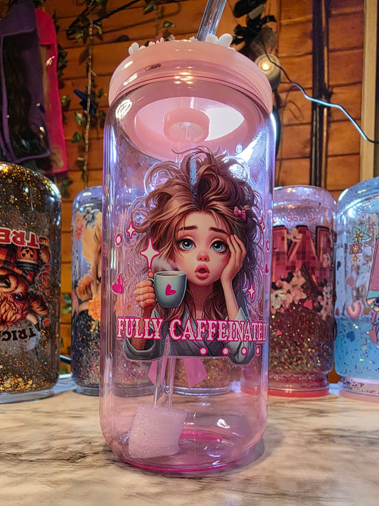 Pre Made Glass Tumbler With Color Glass Straw And Decorated Lid