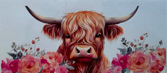 Painting of a highland cow surrounded by flowers on a white background.